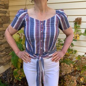 Drew linen, maroon/blue/white striped blouse, new, short sleeves, waist ties, S